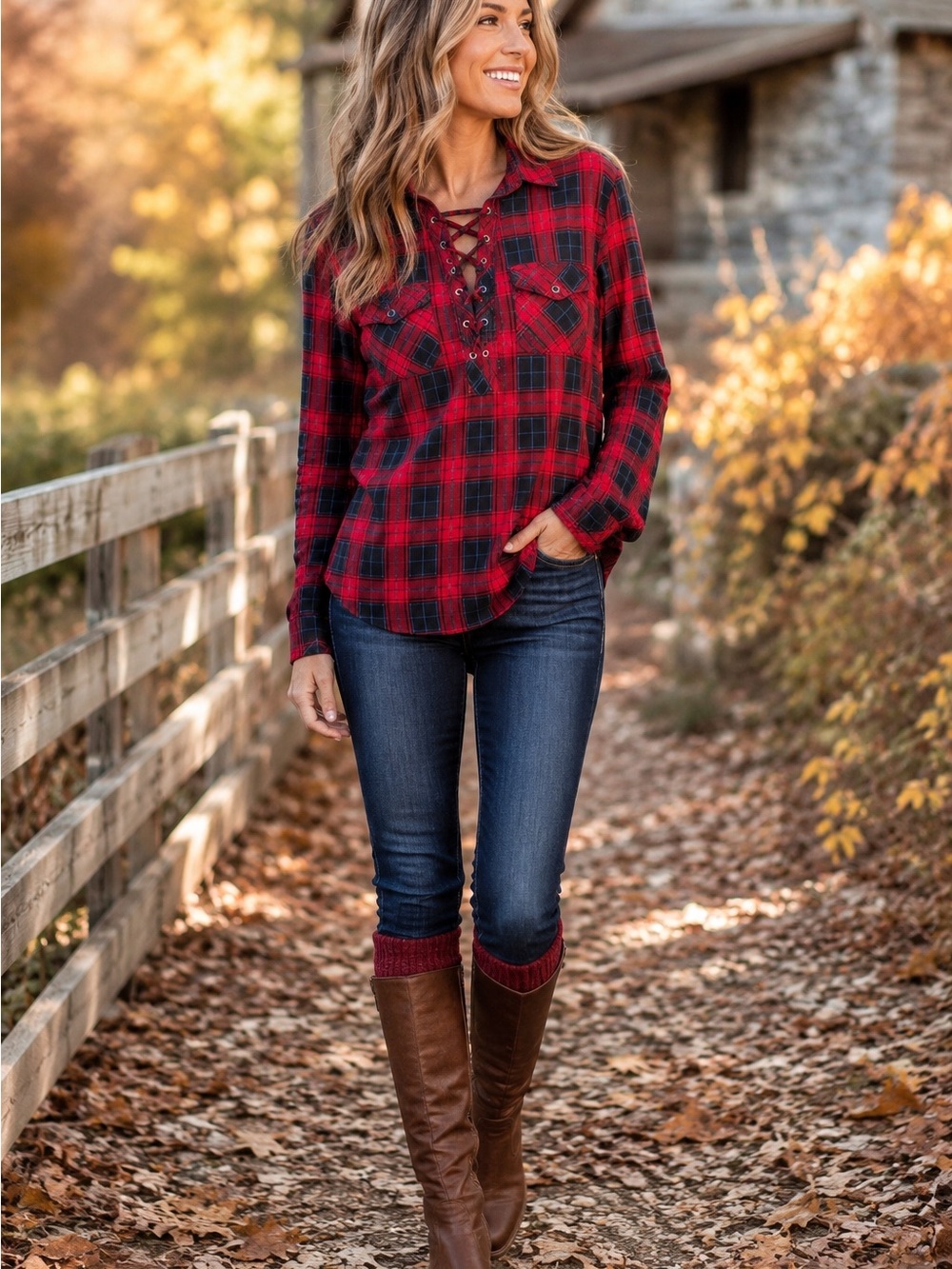 Always Indigo XL Red Black Plaid Lace-Up Flannel Shirt Top Long Sleeve